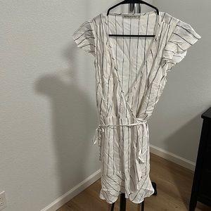 Abercrombie and Fitch wrap dress in white with think light blue stripes.